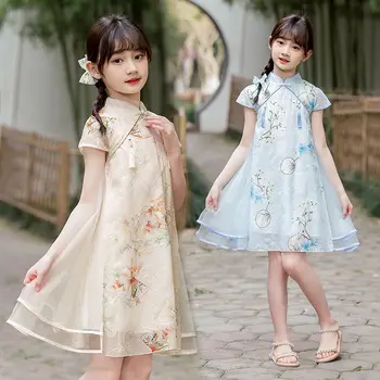 Letné Šaty Štýly Cheongsams pre Dievčatá Tradičnej Čínskej Výšivky Šifón Qipao Šaty pre Deti Tang Vyhovovali Kostýmy