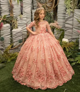 Luxusné Kvetina Dievča Šaty Pre Svadobné Nášivka Ružová Polovičný Rukáv Princezná Deti Narodeninovej Party Šaty Na Prvé Sväté Prijímanie Guľové Šaty