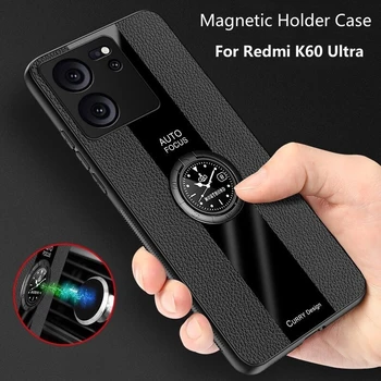 Magnetický Držiak Prípade Pre Xiao Redmi K60 Ultra Prípade Luxusné Kožené Telefónu Zadný Kryt Funda Krúžok Capa Silikónové Shockproof Nárazníka