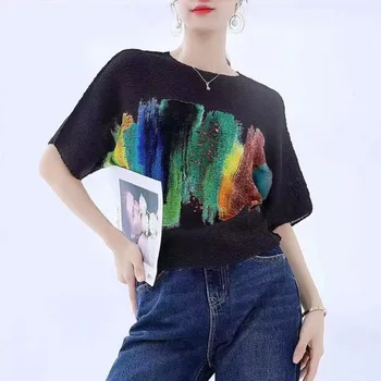 Miyake Skladaný olejomaľba Ručne maľované Farebné Vytlačené T-shirt Topy dámske Tenké Bežné Jednoduché Naťahovacie Voľné Pohodlné