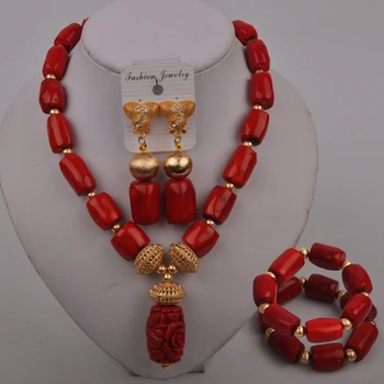Móda Červená Koralový Náhrdelník Nigérijský Svadobné Afriky Svadobné Coral Šperky Sady