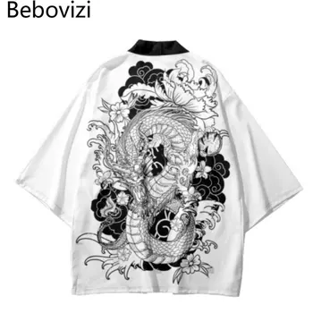Nadrozmerné Top White Dragon Tlač Tradičné Kimono Muži Ženy Cosplay Cardigan Yukata Tričko Japonský Samuraj Haori