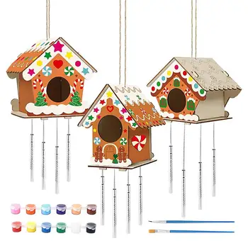 Nedokončené Drevené Bird House Vianočné Remeselné Dom Držiak Pre Domova S 12 Farbami 2 Kefy 2 Motúzov 3 Lásku Drevnej Štiepky Remeslá