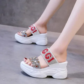 Nové 9 CM Vysoké Podpätky Listov Lete Kliny Dizajnér Drahokamu Papuče Ženy Flip Flops Páry Platforma Topánky Outdoorové Sandále