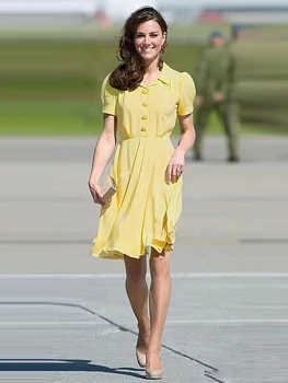 Princezná Kate Middleton Nové Letné Vysoko Kvalitné dámske Žlté Tlačidlo Office Strany Dráhy Bežné Elegantné, Elegantné Slim Midi Šaty