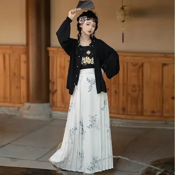 Pôvodné Dynastie Ming Kolo Krku Sveter Podväzky Skladaná Sukňa Hanfu Vyhovovali 3ks Ženy Lete Moderné Hanfu Čínske Oblečenie