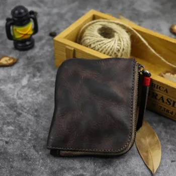 Rastlinné vyčinená koža nula peňaženky ručné vintage zips minimalistický mini mince taška