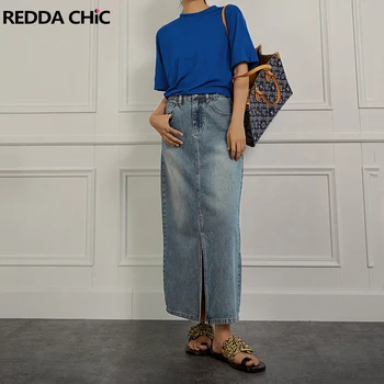 REDDACHiC Bežné Obyčajný Ženy Maxi Denim Sukne s Otvorom Vpredu Dlho, Džínsy, Sukne Plus Veľkosť kórejský Štýlové Retro Y2K Streetwear