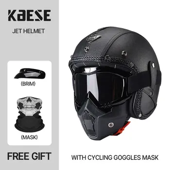 Retro Motocyklové Prilby capacetes PU Kožené Otvorené Tvár Chopper Bicykel prilba casco moto ročník Schválené DOT