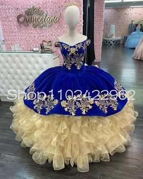 Royal Blue Velvet Mini Quinceanera Šaty Volánikmi Opuchnuté Kvet Dievčatá Šaty Zlaté Výšivky Korzet Dievčatá Narodeniny Šaty