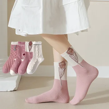 Ružový Kvet Výšivky Ponožky Harajuku Vintage Streetwear Bavlna Ženy Dlhé Ponožky Japonskej Módy Sladkých Dievčat, Kawaii Roztomilé Ponožky
