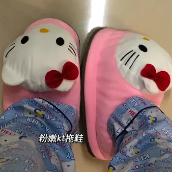 Sanrio Hello Kitty Veľkú Hlavu Bavlna Topánky Ženy Plushie Kawaii Ploché Topánky Móda Anime Plyšový Ružový Fuzzy Papuče Topánky Vianočný Darček
