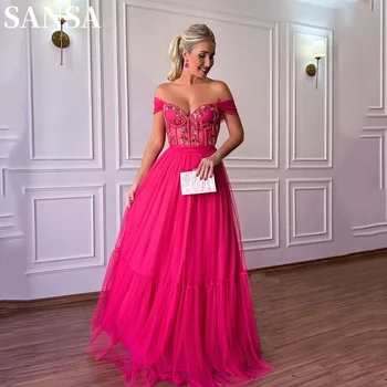 Sansa Emerald Mimo Ramenný Prom Šaty Čipky Embroid Na Hrudi Vestidos De Noche Sexy A-line Hot Pink فساتين سهره فاخره 2023