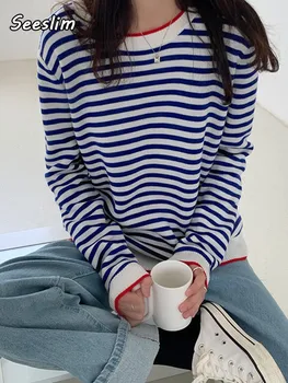 Seeslim Pruhované Pletených T Shirt Ženy Oblečenie s Dlhým Rukávom O-krku Bežné kórejský Štýl Jeseň Jar Harajuku Tee Tričko Femme Chic