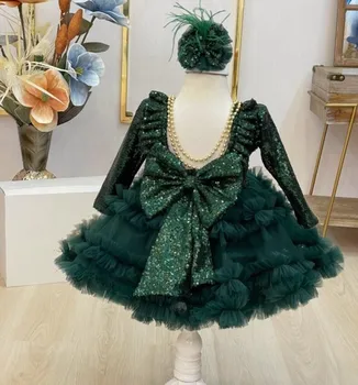Smaragdovo Zelená Baby Girl Dress Načechraný Batoľa Tutu Dlhé Rukávy Squined Tylu Šaty Flower Girl Dress Strany Narodeniny