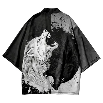 Streetwear Módy Black Wolf Tlač Haori Muži Ženy Cardigan Pláži Yukata Ázijské Oblečenie Japonský Cosplay Biele Kimono Plus Veľkosť