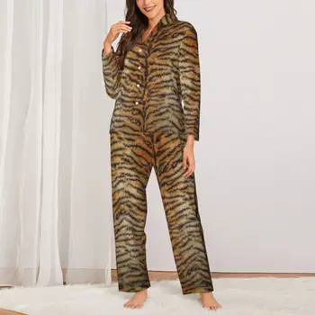 Tiger Tlač Sleepwear Jeseň Kožušinových Zvierat Pruhy Estetické Nadrozmerné Pyžamo Nastaviť Dámske Dlhý Rukáv Cute Izba Dizajn, Odev