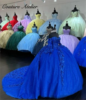 Tri Štvrtiny Rukáv Kráľovská Modrá Quinceanera Šaty plesové Šaty 2024 Ramena Sladkých Šestnásť Šaty Svadobné Šaty vestidos
