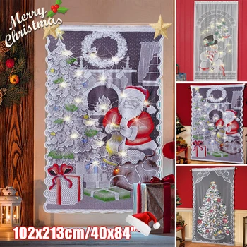 Vianočné Čipkové Záclony s 20LED String Svetlá Santa Claus Snehuliak, Vianočný Strom Okno Kvapka Dvere Závesy Xmas Party Decor
