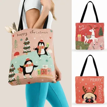 Vianočný Darček-Cartoon Zvieratá Maľovanie Tlač Tote Taška Pre Ženy Bežné Dámy Tote Bag Ramenný Skladacia Nákupná Taška Vonkajšie