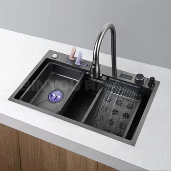 Zbraň Čiernej Kuchyne Nerezový Drez Multi-funkčné Digitálne Zobrazenie Vodopád Umývadlo Svetlo Luxusné Umývanie Zeleniny Povodí