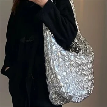 Zimné Nové Strieborné Jasný Oblak Taška pre Ženy je Prešívaný Knedle Tote Bag Veľkú Kapacitu Jedného Pleca Crossbody Tašky