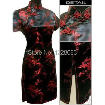 Zľava Elegantným Black Red Čínskych Žien Satin Cheongsam Qipao Mini Večerné Šaty Plus Veľkosti S,M,L,XL,XXL,XXXL,4XL,5XL,6XL