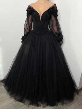 Úžasné Čierne Večerné Šaty Ilúzie dlhé Rukávy Sexy Úplnej s Kvetinovým Nášivka Prom Šaty