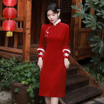 Červená Cheongsam dámske Zimné Čínsky Štýl, Elegantné Šaty s Dlhým Rukávom Výšivky Zahustiť Cheongsam Plus Veľkosť 2XL Vestidos