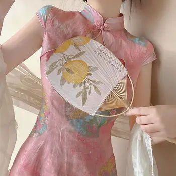 Čínske Šaty Qipao Žien Retro Čaj Oblečenie cheongsam Vytlačené Elegantné Qipao dámske Krátky Rukáv dámske Letné šaty