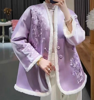 Čínsky Štýl dámske Zimné Nové Voľné Vintage Acetát Výšivky + Umelé Vlny Obojstranný Nositeľné Hrubý Kabát M-XL