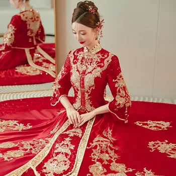 Čínsky Štýl, Nevesta Svadobné Šaty Vyšívané Cheongsam Kostým Vintage Flitrami Lištovanie Strapce Šaty китайская одежда