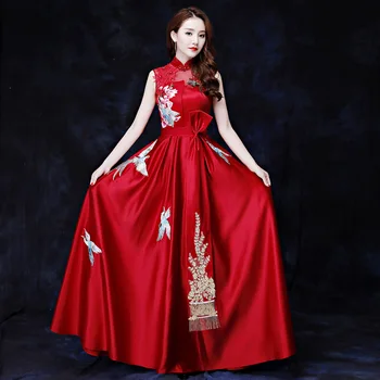 Čínsky Štýl Nášivka Výšivky Qipao Elegantné Saténové Formálne Party Šaty, Spoločenské Šaty Cheongsam Zborové Výkon Kostýmy