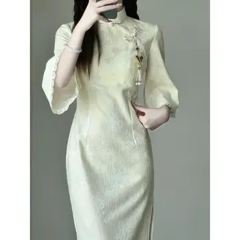 Ženy Béžová Čipky Cheongsam Vintage Šaty Dievča Tradičné Veľké Rukáv Šaty Lepšiu Jar Vysoko Kvalitné Dlhé Qipao S Až XXL
