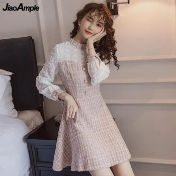 Ženy Jeseň Zima Tweed Paletu Mini Šaty Kórejský Lady Sladké Ružové Slim Falošné Dve Kus Oblečenia 2023 Nové Elegantné Oblečenie Žena