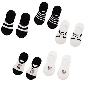 Ženy Lete Neviditeľné Nízky Rez Č Zobraziť Loď Ponožky Harajuku Sladké Cartoon Mlieka Kravy Pruhovaný Vzor Vytlačené Čierne Biele Krátke 066C