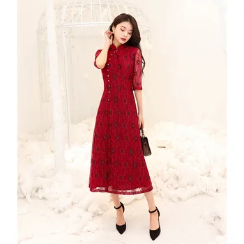Ženy Móda Lepšiu Červenej Krajky Cheongsam Polovičný Rukáv Vintage Šaty Svadobné Kostýmy Čínsky Štýl Dlho Qipao M-3XL