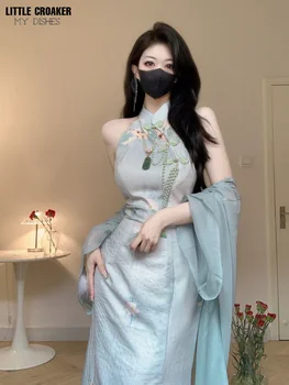 Ženy Nového Čínskeho Visí Na Krku Qipao Lepšiu Dievčenské Letné Cheongsam Mládež High-End Temperament Malé Sexy Šaty Split